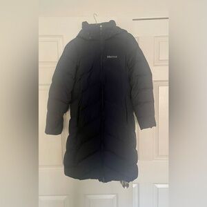 Navy midi puffer with detachable hood